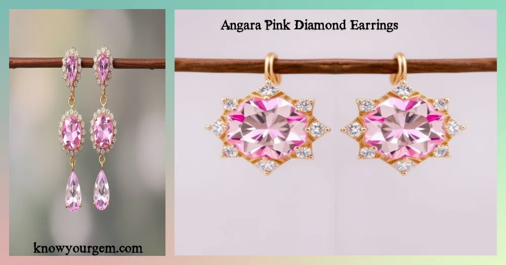 Elegant Angara pink diamond earrings set in white and rose gold, showcasing brilliant-cut pink diamonds in timeless and modern designs.