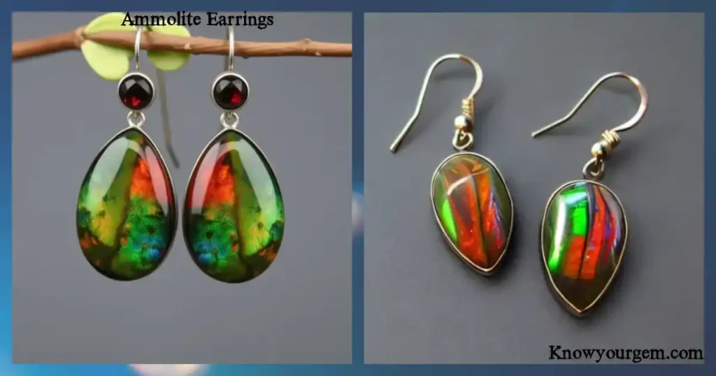 Elegant Ammolite earrings shimmering with vivid rainbow colors — symbolizing transformation, harmony, and prosperity. Perfect featured image for Ammolite earrings meaning and uses, showcasing their beauty, healing energy, and spiritual significance
