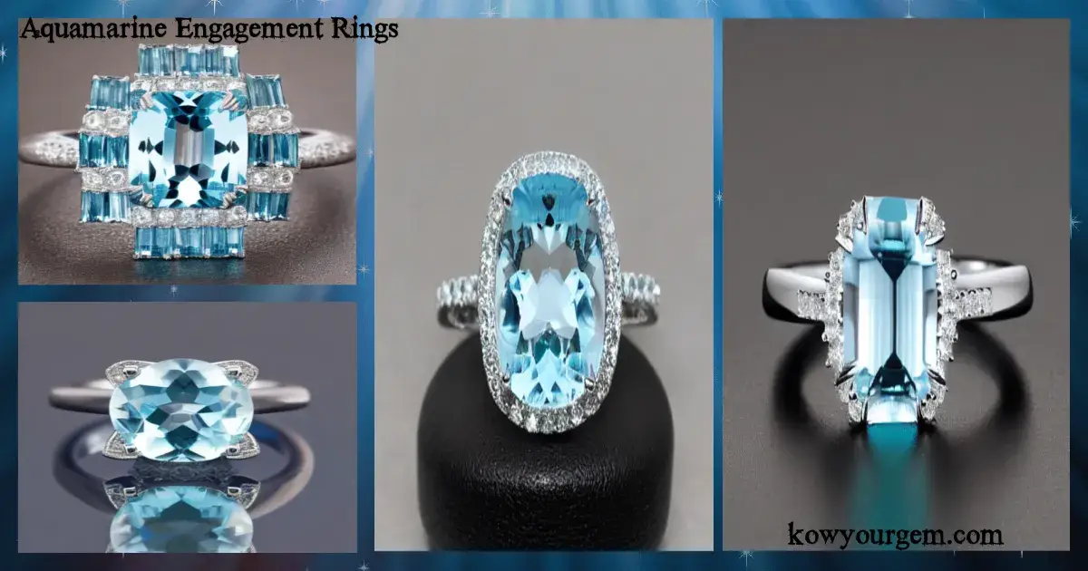 Stunning aquamarine engagement rings with sparkling diamond halo setting, symbolizing timeless love and ocean inspired elegance perfect for modern, non-traditional brides.