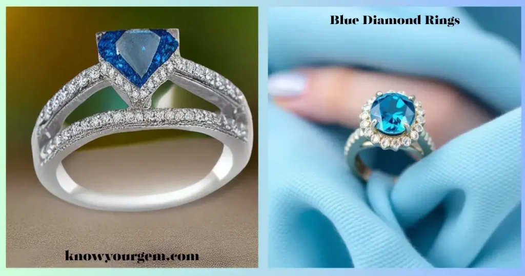 Stunning blue diamond engagement ring featuring a brilliant-cut natural blue diamond set in a platinum band with a halo of white diamonds.