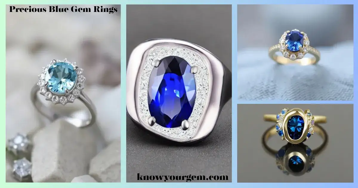 Elegant collection of top 5 precious blue stone rings including sapphire, blue diamond, tanzanite, aquamarine, and blue topaz in various luxury settings.