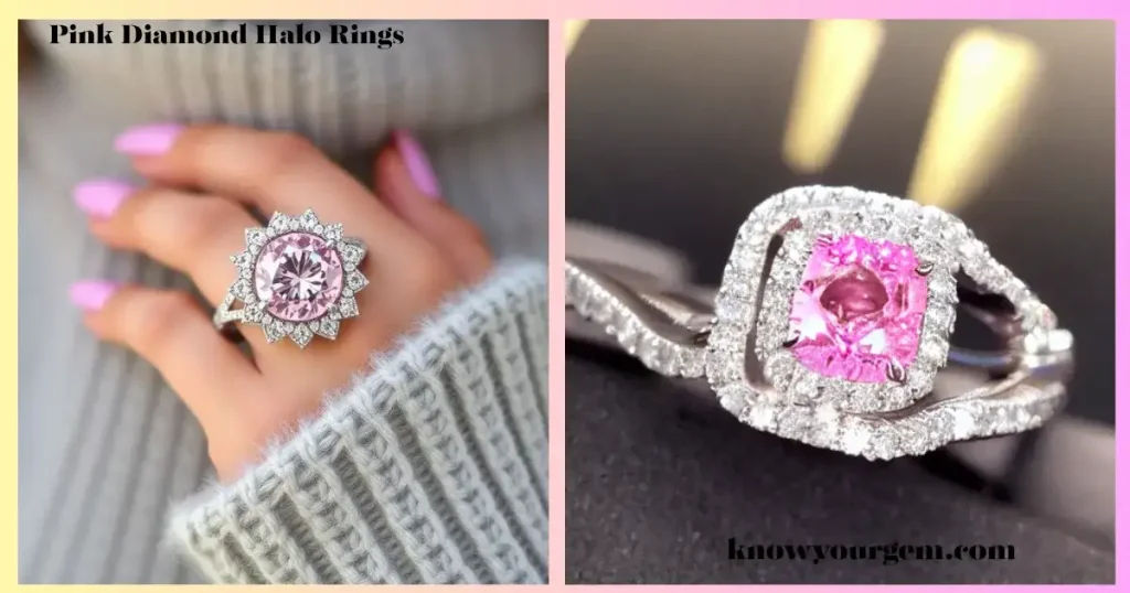 Elegant pink diamond halo ring featuring a stunning cushion-cut pink diamond surrounded by a sparkling halo of smaller diamonds, symbolizing timeless beauty and luxury