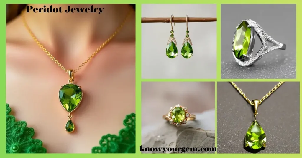 Elegant Peridot jewelry collection including rings, earrings, and necklaces with vibrant green gemstones set in gold and silver