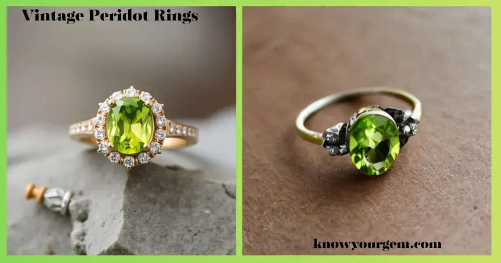 Peridot engagement ring with vintage  designs featuring vibrant green gemstones set in elegant gold and silver settings