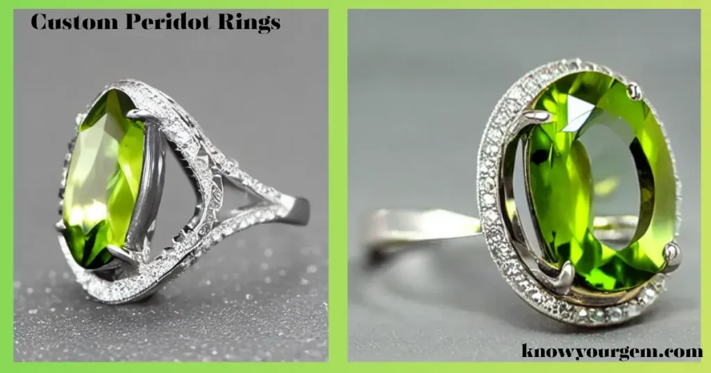 Peridot engagement ring with custom and designs featuring vibrant green gemstones set in elegant gold and silver settings
