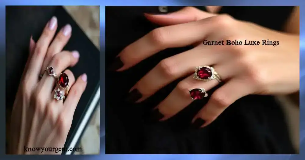Elegant boho luxe garnet engagement ring with deep-red gem and antique charm.