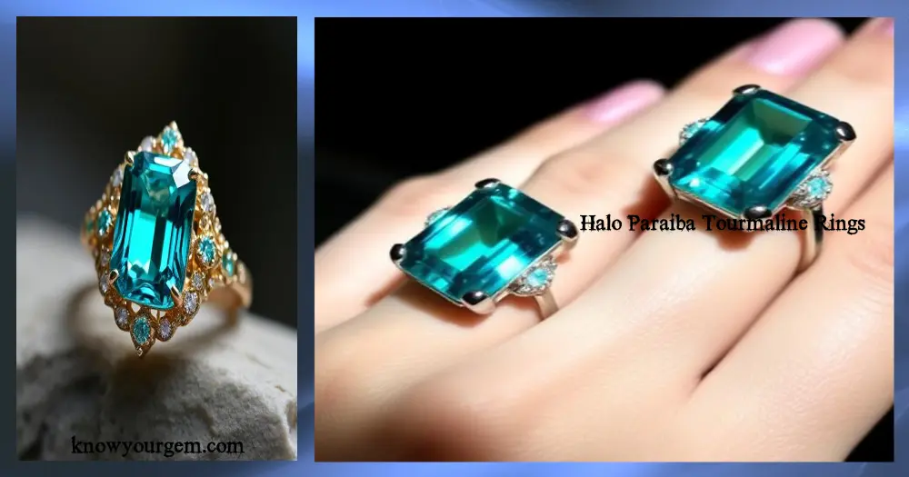 Halo Paraiba Tourmaline Rings showcasing neon blue copper-bearing gemstones with diamond accents rare Brazilian jewelry 2025