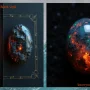 Fire opal vs black opal: Close up comparison of a vivid orange fire opal glowing with inner warmth beside a rare black opal shimmering with electric rainbow colors on a dark background, highlighting the dramatic contrast in color, texture, and light play between the two gemstones.