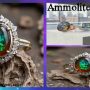 Close-up of a handcrafted Ammolite ring for women, featuring a vibrant, multicolored gemstone with iridescent hues of green, red, and blue, set in a polished sterling silver band, reflecting natural light to showcase the gem’s unique color-shifting properties.