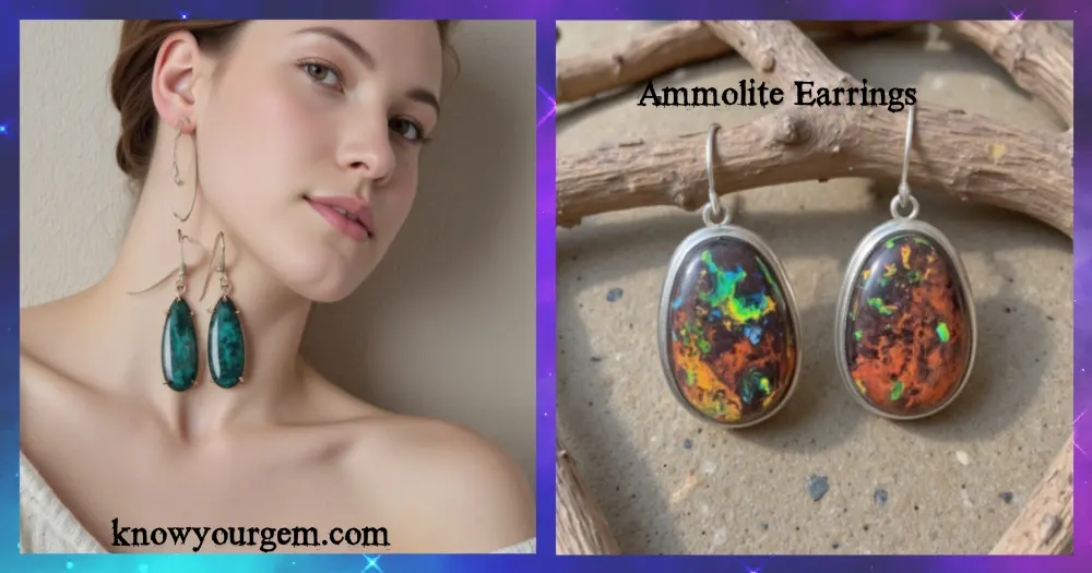 Close-up of a handcrafted Ammolite earrings for women, featuring a vibrant, multicolored gemstone with iridescent hues of green, red, and blue, set in a polished sterling silver band, reflecting natural light to showcase the gem’s unique color-shifting properties.