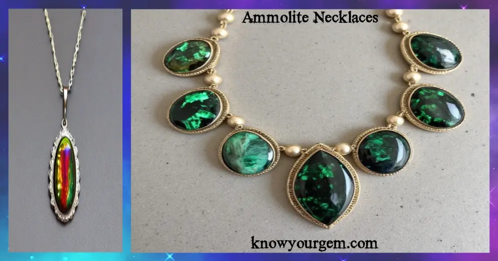 Close-up of a handcrafted Ammolite Necklaces for women, featuring a vibrant, multicolored gemstone with iridescent hues of green, red, and blue, set in a polished sterling silver band, reflecting natural light to showcase the gem’s unique color-shifting properties.