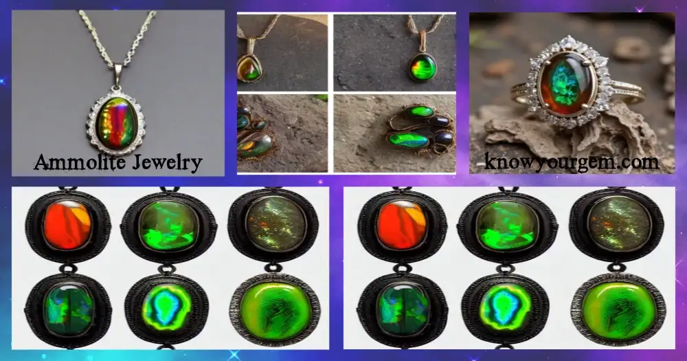 Close-up of a handcrafted Ammolite Jewelry for women, featuring a vibrant, multicolored gemstone with iridescent hues of green, red, and blue, set in a polished sterling silver band, reflecting natural light to showcase the gem’s unique color-shifting properties.