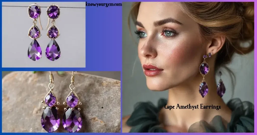 Cape Amethyst drop earrings with soft lavender bands and milky quartz patterns.