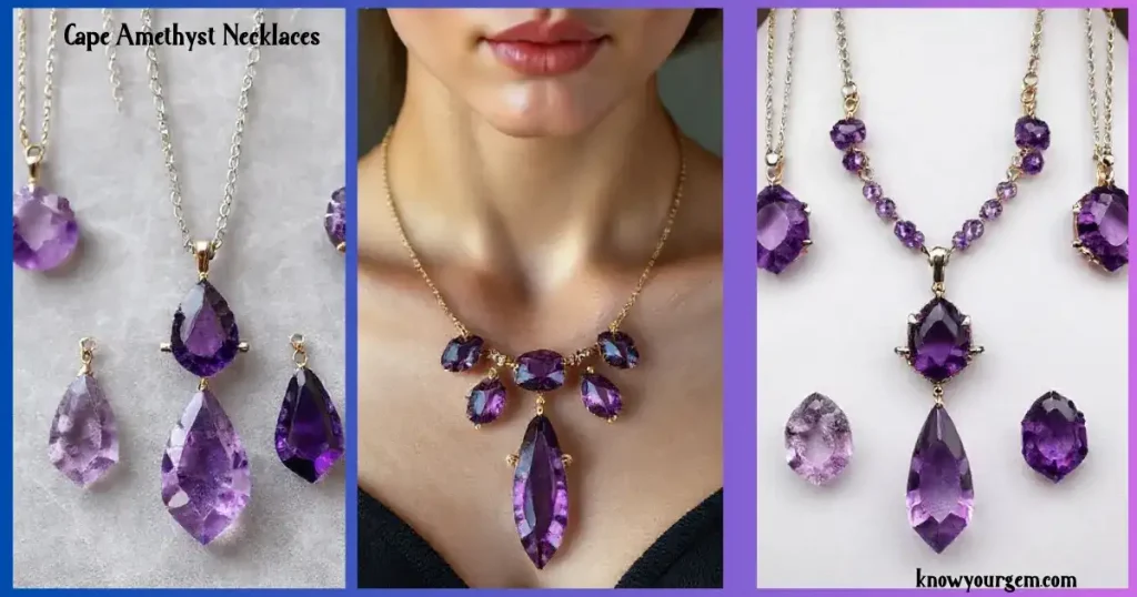 Cape Amethyst pendant necklace with natural purple and white banded gemstone.