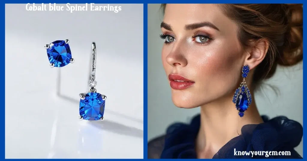 "Luxury cobalt blue spinel earrings with vivid electric-blue gemstones set in platinum, dazzling sparkle, perfect for elegant jewelry and collector showcases."