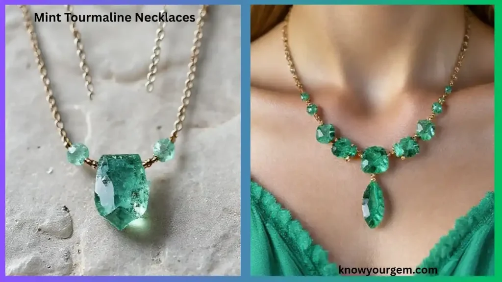 “Delicate mint tourmaline pendant necklace with pale green gemstone on a gold chain.”