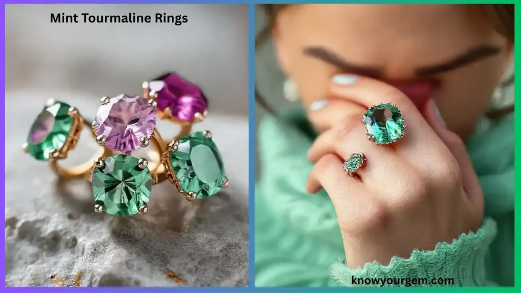 Luxury mint tourmaline ring with natural green gemstone on a jewelry display.”