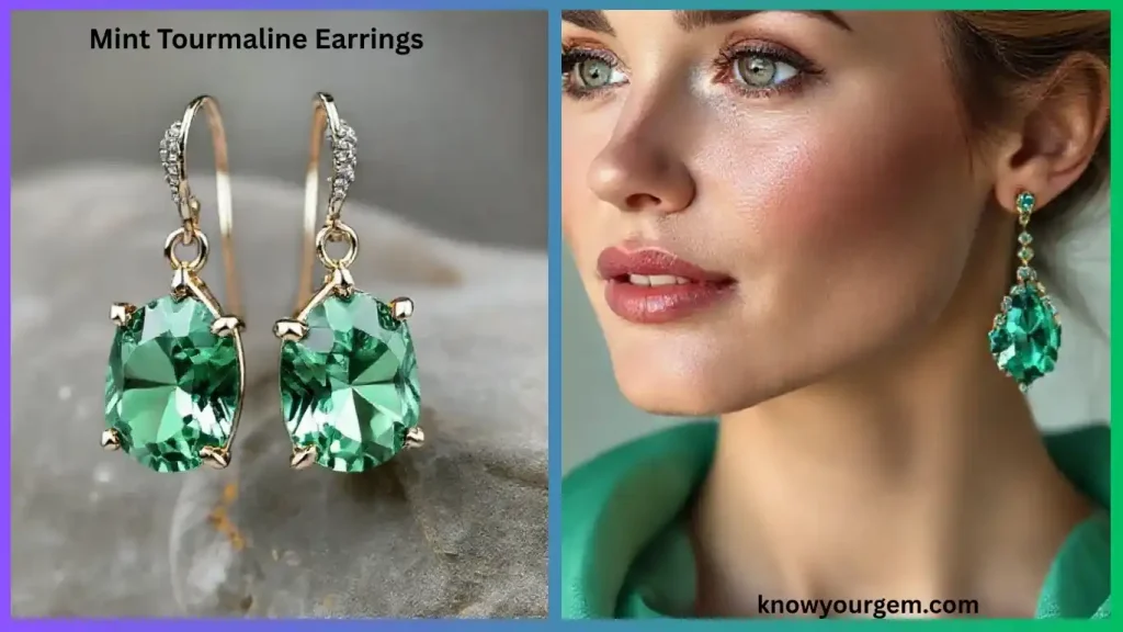 “Pair of mint tourmaline earrings with pale green gemstones set in gold, captured in soft lighting.”