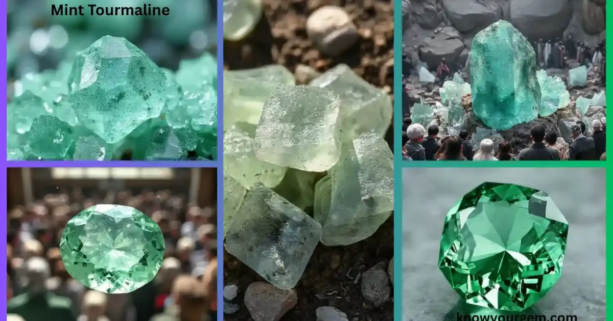 High-clarity mint tourmaline stone in pale green hues displayed with people in the background.”