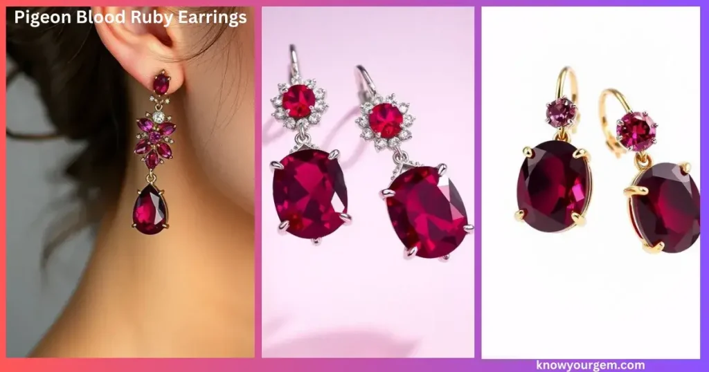 “Elegant drop earrings featuring glowing red stones symbolizing Pigeon blood ruby benefits, including confidence, charm, and protection.