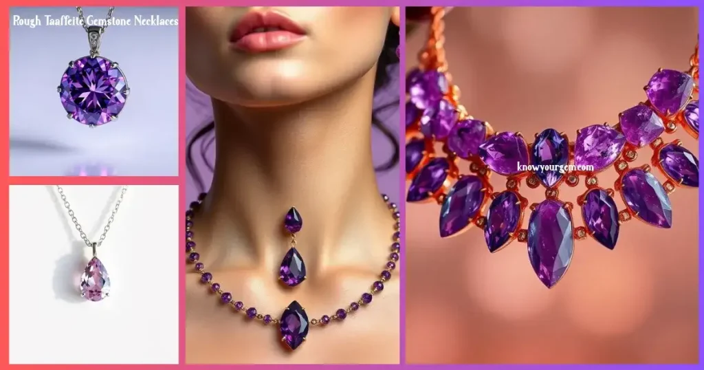 Stunning necklace with a rough taaffeite gemstone pendant in lavender-violet, set in platinum with diamond accents, perfect for collectors and jewelry enthusiasts.