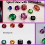 Spinel stone: Collage of six vivid spinel stones in one frame: cobalt blue, pink, red, orange, green and black spinel on a dark luxury background.