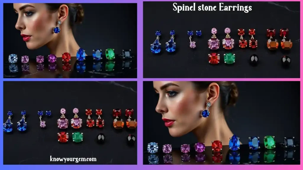 Single image showing six pairs of spinel earrings: cobalt blue, pink, red, orange, green and black spinel sets in luxury metal settings on a dark velvet backdrop.