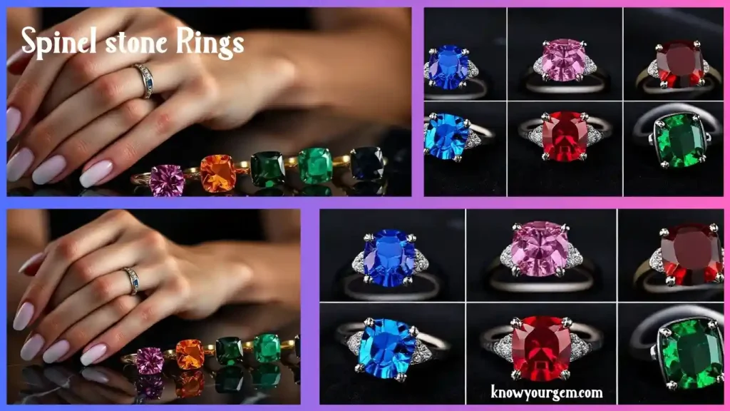 One‑frame layout of six spinel stone rings: cobalt blue spinel ring, pink spinel ring, red spinel ring, orange spinel ring, green spinel ring and black spinel ring on a black marble surface.