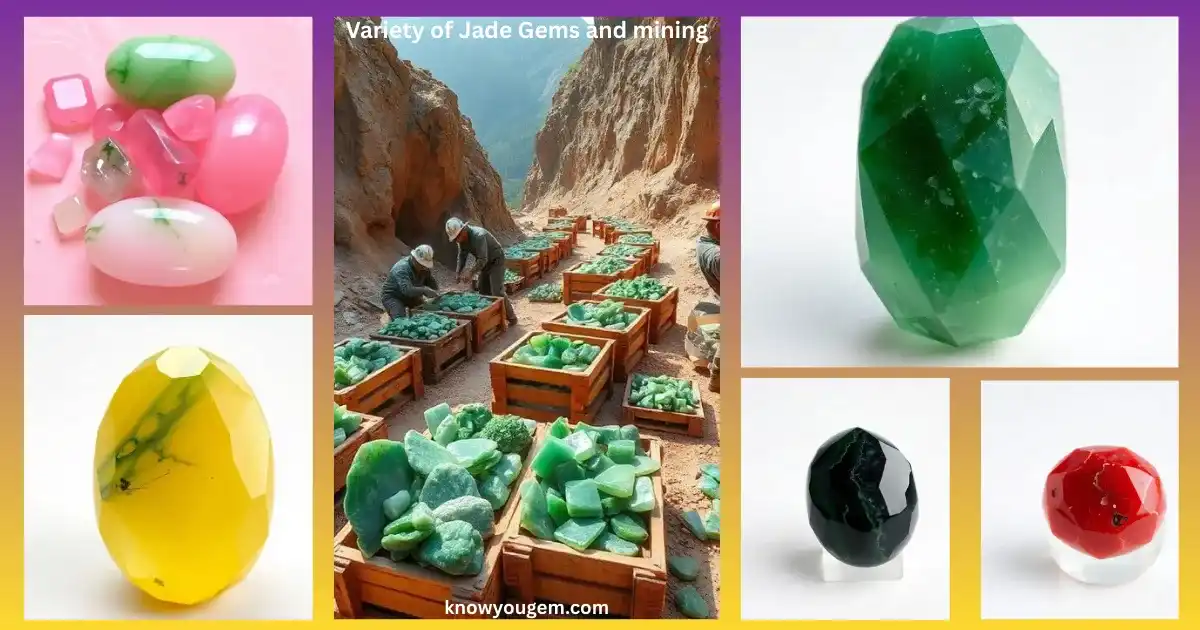 Raw and polished jade stones displayed with soft green glow symbolizing jade gemstone benefits such as healing energy, prosperity, and emotional balance.