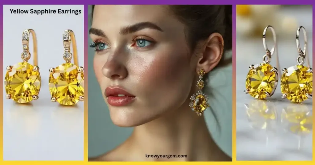 “Pair of yellow sapphire astrological benefits with earrings featuring radiant-cut stones that shimmer with warm golden tones.”