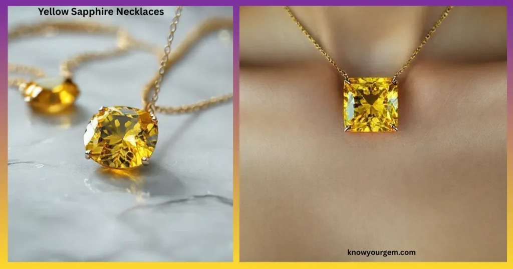 “Yellow sapphire necklace with a sparkling gemstone pendant, designed to showcase its rich golden glow.”