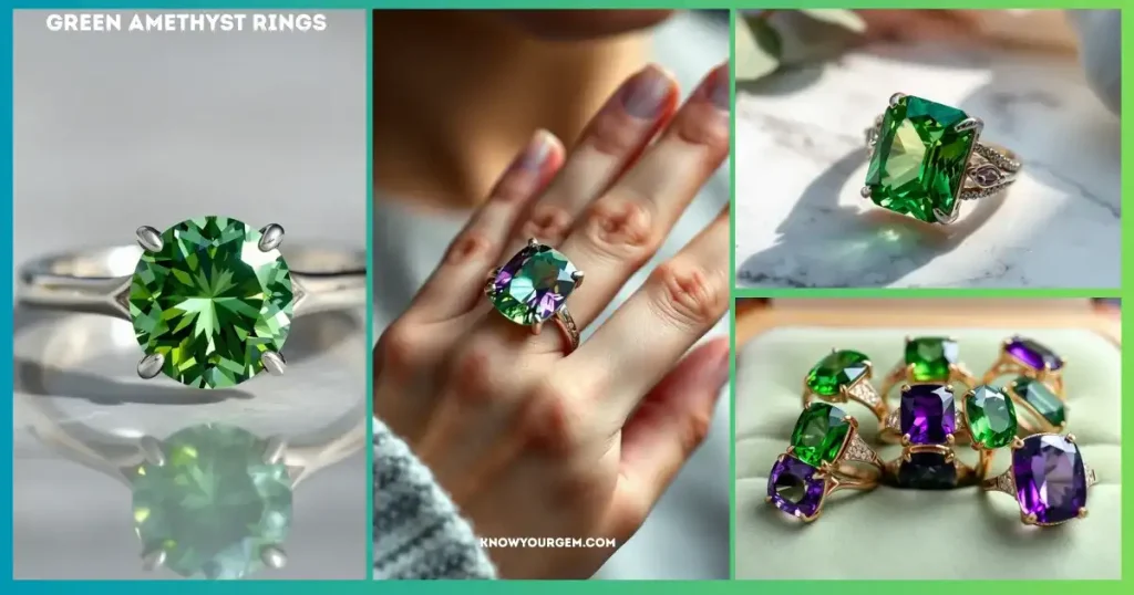 "Elegant green Amethyst stone ring with a sparkling faceted gemstone set in sterling silver, highlighting its rich green color and luxurious design."