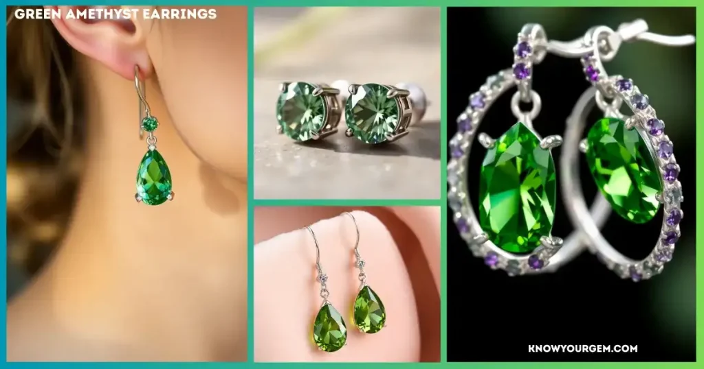 "Beautiful green Amethyst stone drop earrings with faceted stones set in gold, capturing light for a dazzling, sophisticated look."