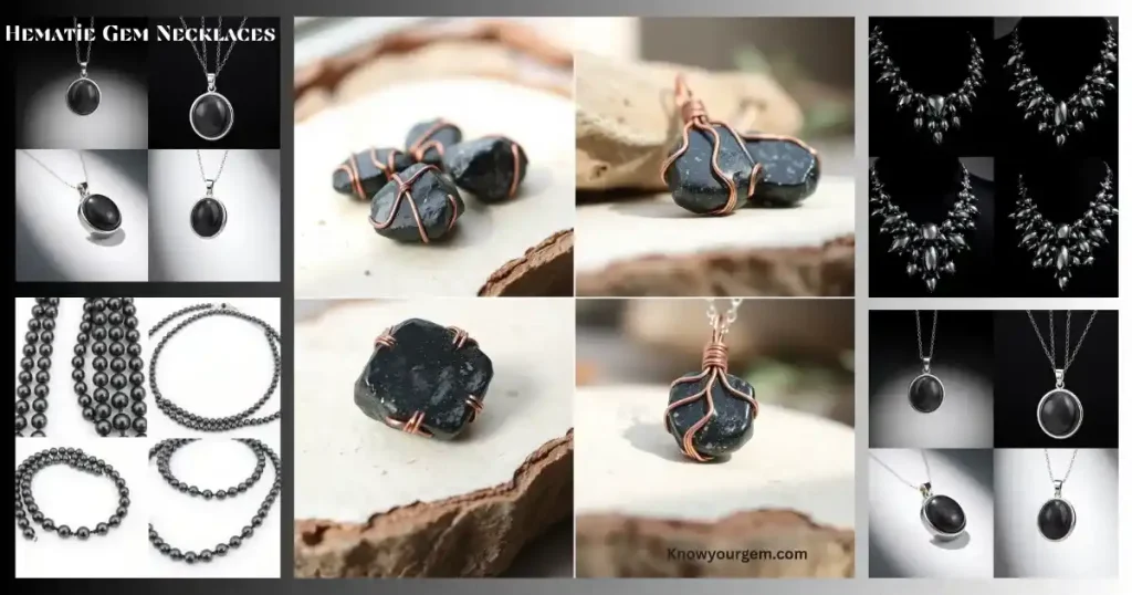 Elegant Hematite pendant placed alongside healing crystals, showcasing the powerful spiritual properties of Hematite in energy work and mindfulness.