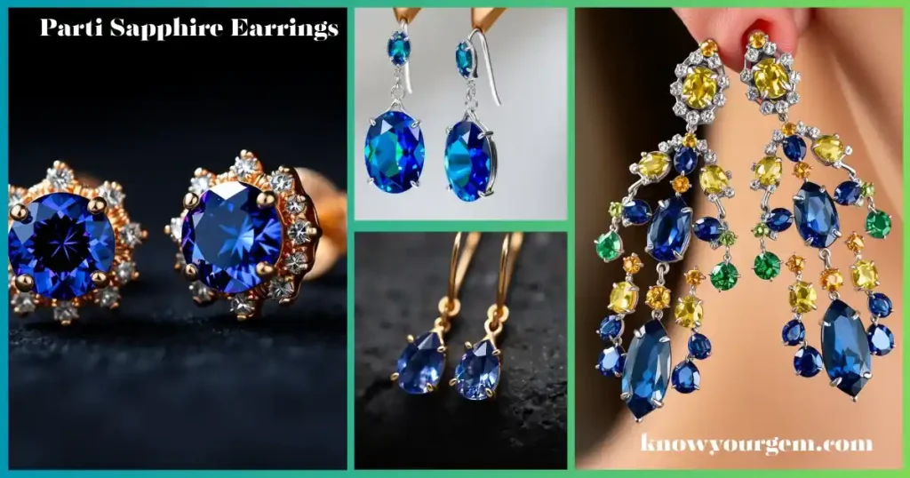 Chandelier-style Parti sapphire earrings featuring multiple tri-color stones in platinum, elegant dangling design, high-detail editorial jewelry photography