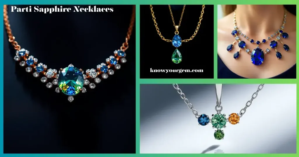 Teardrop Parti sapphire pendant necklace in gold, gemstone showing vibrant bi-color zoning (blue and green), displayed on dark velvet with cinematic lighting, luxury jewelry macro shot