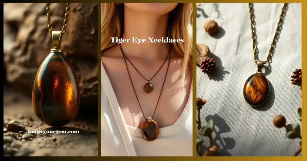 tiger eye stone benefits represented by a tiger eye pendant necklace linked to confidence, protection, and chakra balance