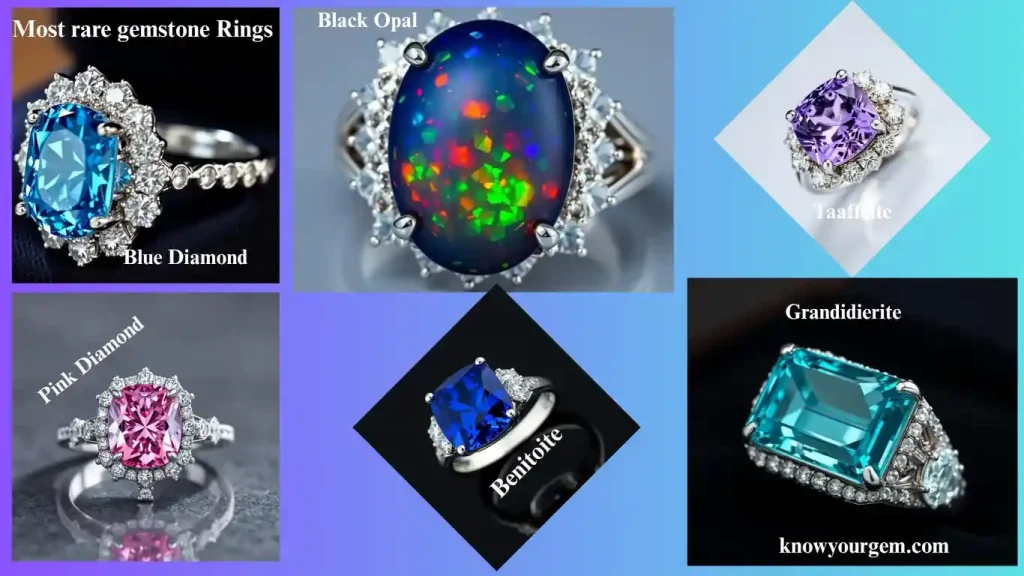 Most rare gemstone rings like blue diamond ring, black opal ring, Taaffeite ring, Grandidierite ring, pink diamond ring and benitoite ring