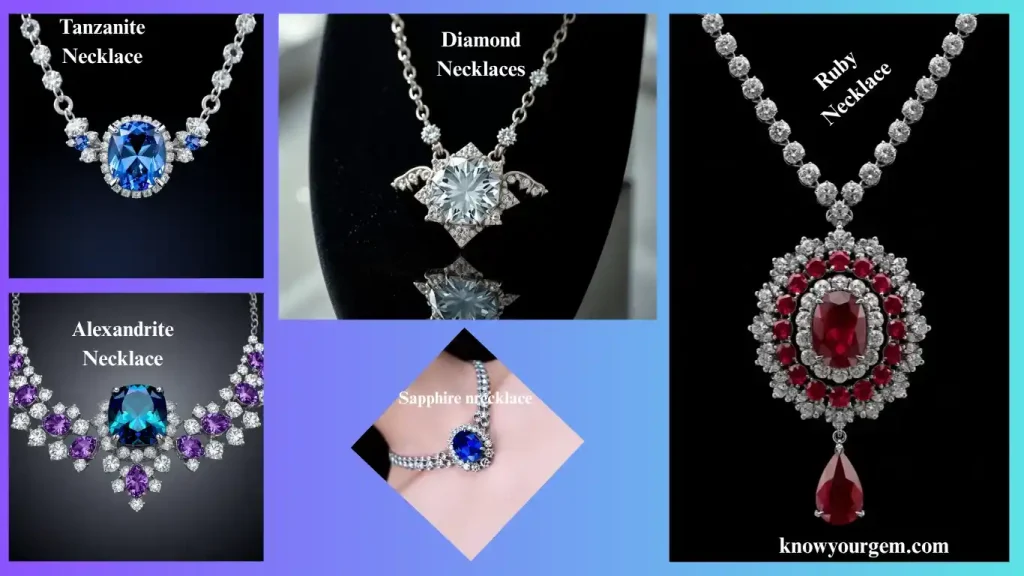 Most valuable gemstones necklaces,  like sapphire necklace, ruby necklace, alexandrite necklace, diamond necklace, and tanzanite necklace