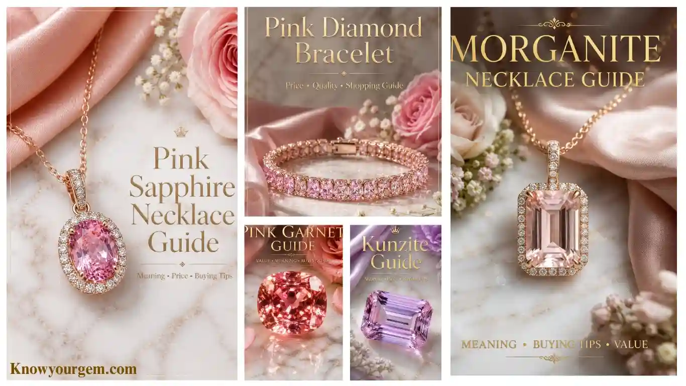 The existing image showcases Pink sapphire necklace, pink diamond bracelet, morganite necklace, pink garnet gem, kunzite gem