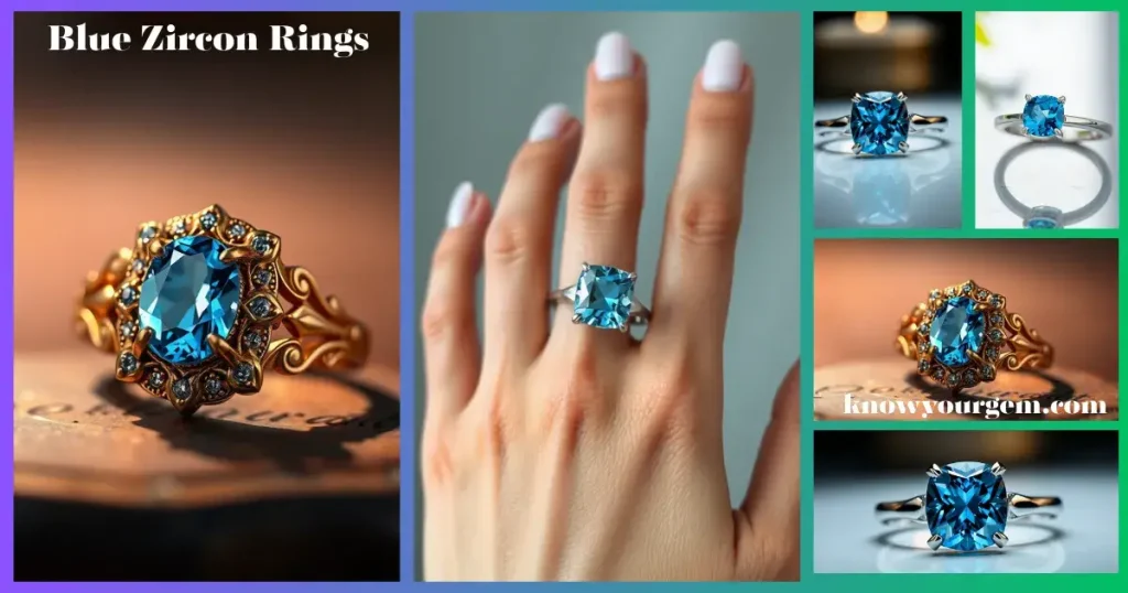 Blue zircon rings, blue zircon gemstone rings, blue zircon, vintage inspired blue zircon rings, blue vintage design rings, blue zircon halo rings, blue zircon bezel settings,