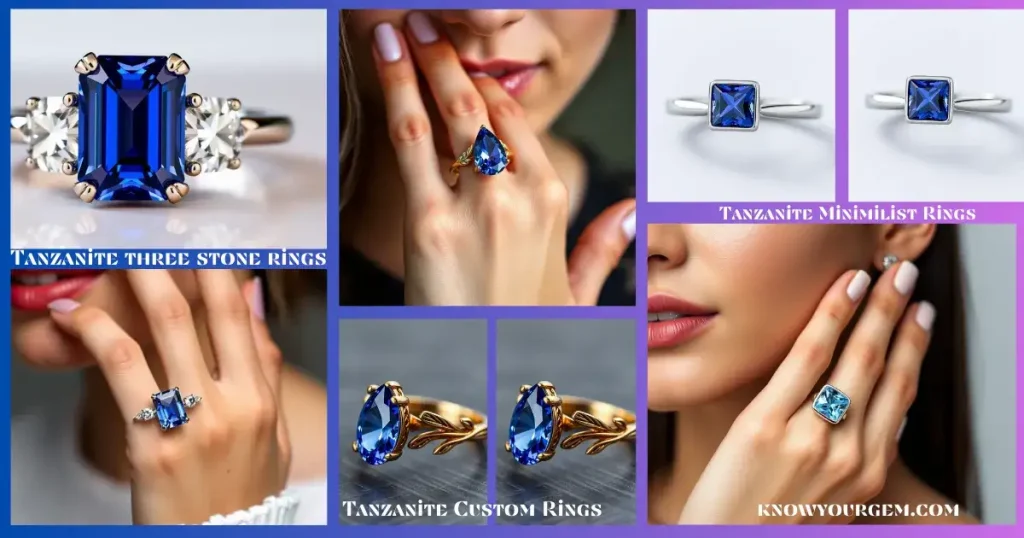 Tanzanite minimalist rings, tanzanite three stone rings, tanzanite custom rings