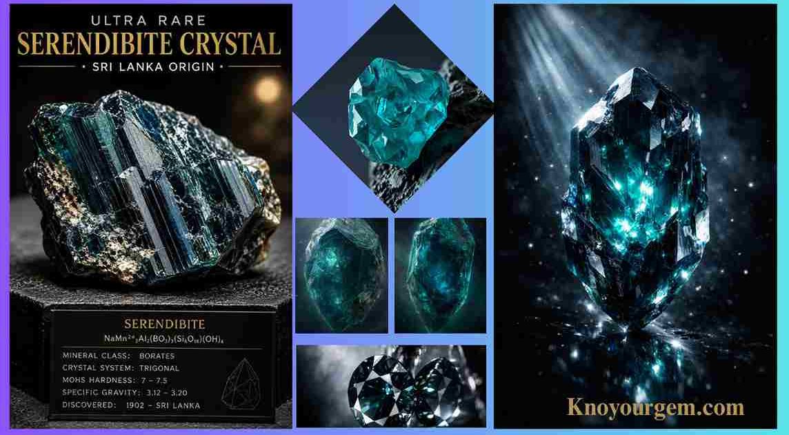 Ultra-realistic macro photography of a raw collector-grade Serendibite crystal specimen from Sri Lanka’s central highlands, displaying deep blue-green to near-black coloration with metallic glassy luster, natural crystal edges, and ultra-detailed mineral texture, presented on a dark geological museum display surface with dramatic spotlighting. Includes scientific mineral classification plaque and luxury museum-style labeling reading “Ultra Rare Serendibite Crystal • Sri Lanka Origin,” optimized for high-end gemstone collectors, geology reference, and premium Pinterest-style viral mineral aesthetics.