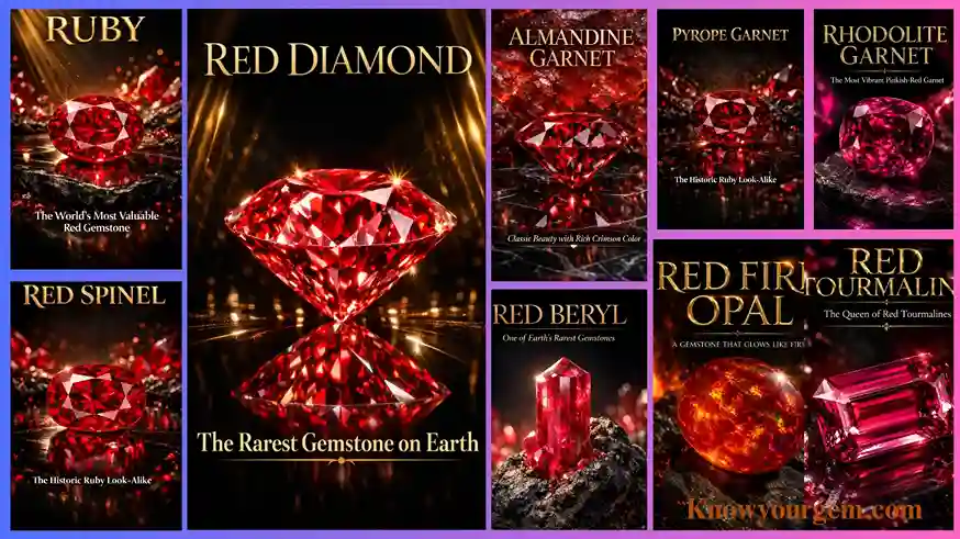 red gemstones like red diamond, ruby, almandine garnet pyrope garnet, rhodolite garnet, red tourmaline, red spinel, red beryl, red opal all in one frame