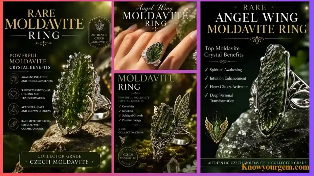 Moldavite rings four different designs are showcasing the stone's sparkle, each design owns a big meaning