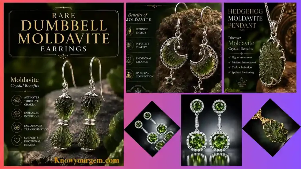 Moldavite crystal benefits in earrings, pendants and necklaces