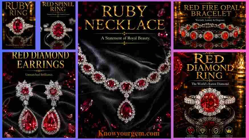 red gemstones, ruby ring, red spinel ring, ruby necklace, red diamond earrings, red fire opal bracelet red diamond ring all in one frame