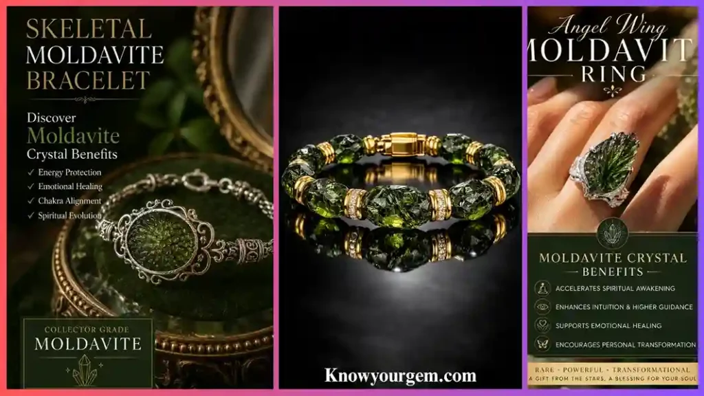 What are the benefits of moldavite bracelets and rings, the definitive frame of bracelets, ring showcases the rarity of and unique of  the gem