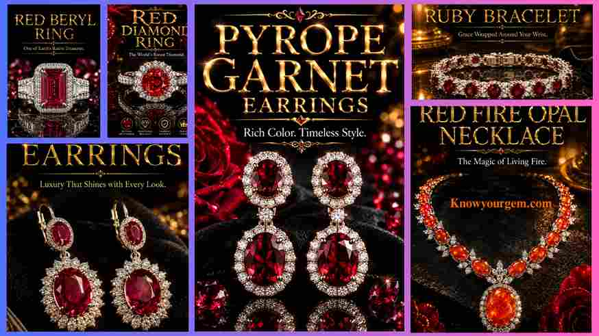 red beryl ring, red diamond, ring, red opal earring, red fire opal necklace, ruby bracelet and diamond earring, all in one frame.