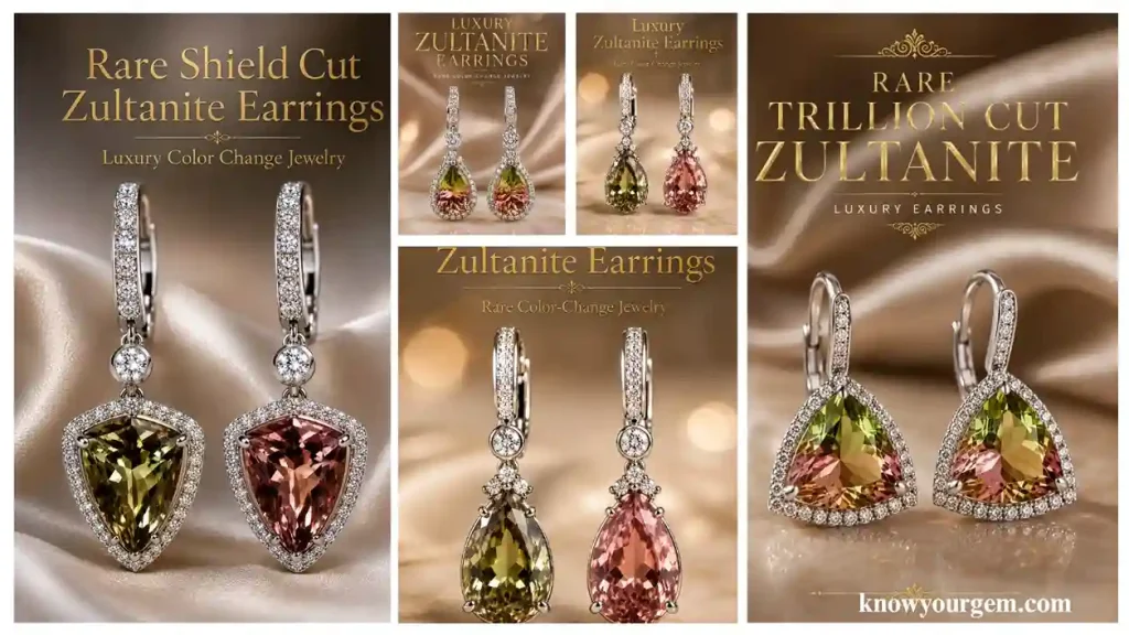 This image displays different designs of color changing zultanite earrings in one frame